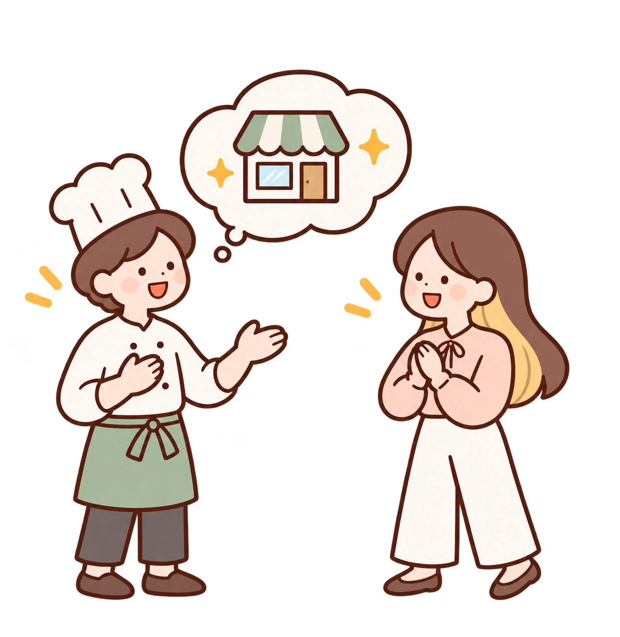 夢を楽しそうに話す飲食店の方と瑞穂のイラスト