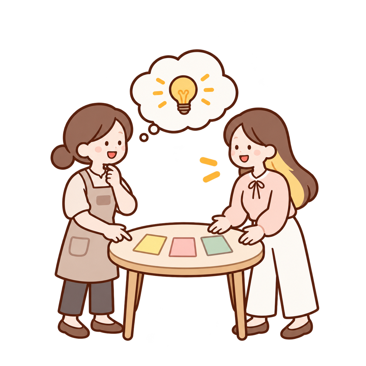 付箋で事業の魅力や想いを一緒に整理するイラスト